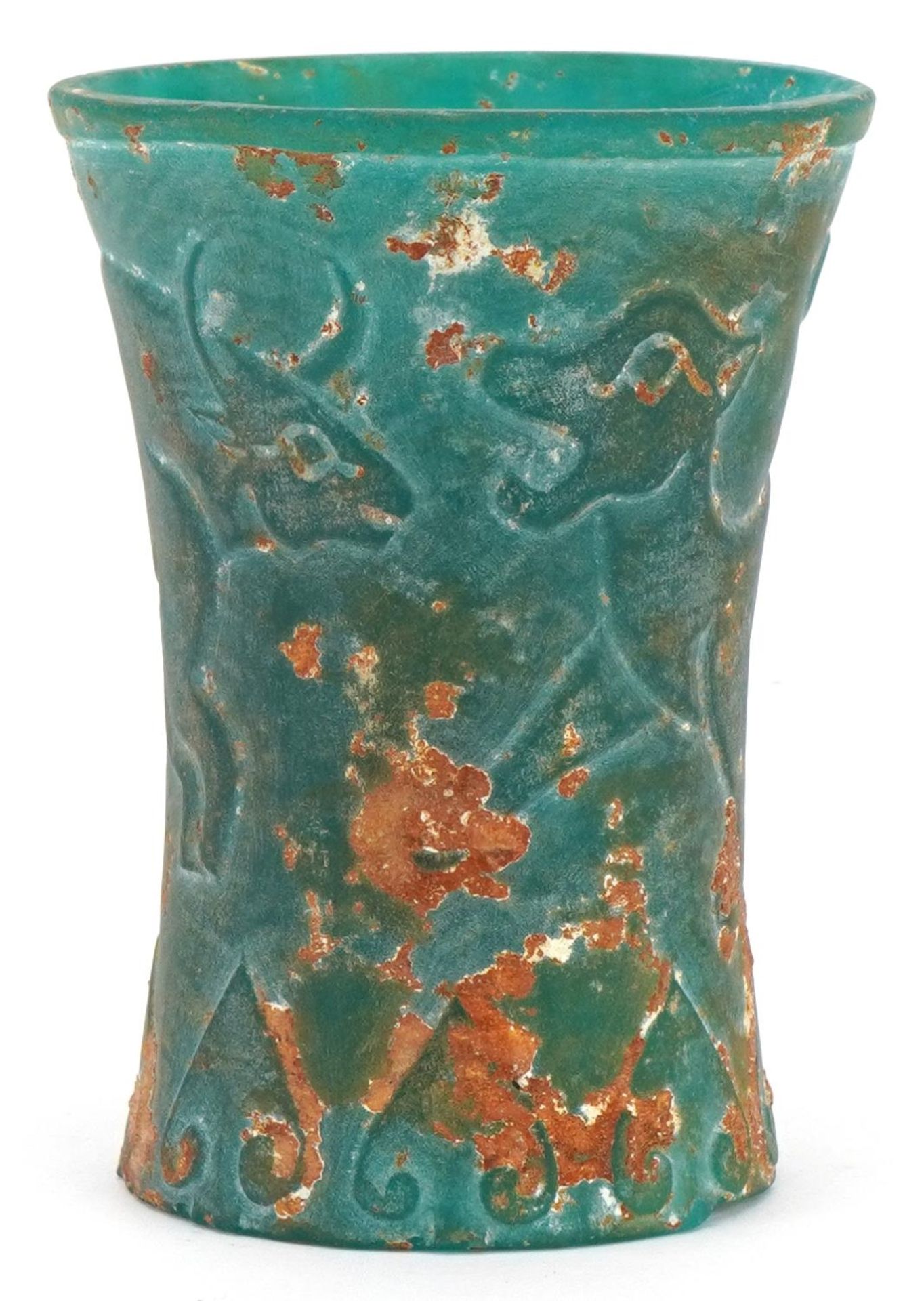 Chinese archaic style turquoise glass beaker decorated with mythical animals, 10.5cm high : For
