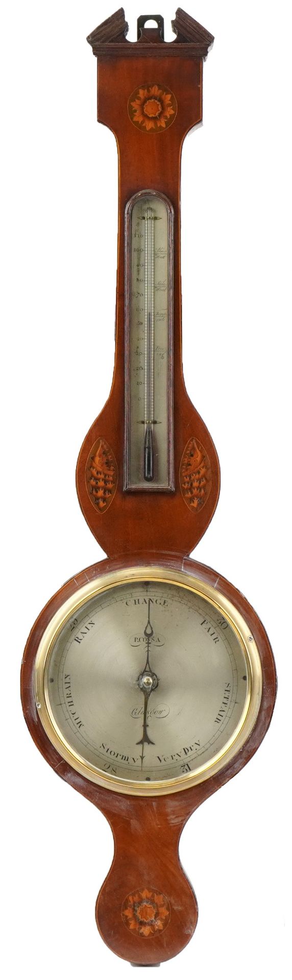 Antique mahogany banjo wall barometer with thermometer inlaid with shells and flower heads having