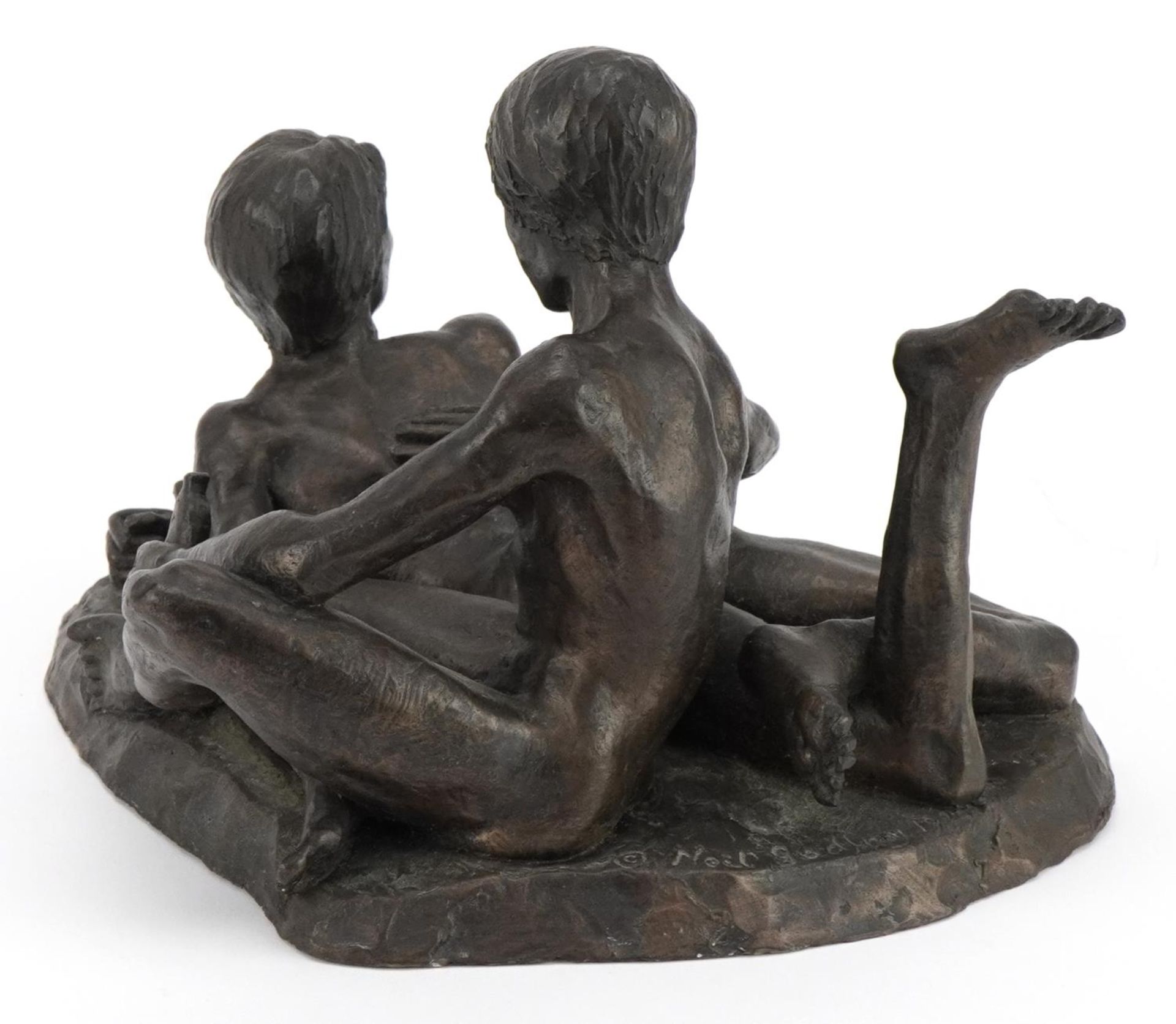 Neil Godfrey 1989, contemporary cold cast bronze sculpture of a group of two nude young males - Image 3 of 5