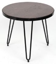 Industrial circular hardwood and wrought iron occasional table with hairpin legs, 53.5cm high x 61cm