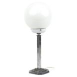 Art Deco chrome plated table lamp with globular white opaque glass shade, impressed registration