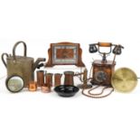 Sundry items including a Sorento ware inlaid telephone, Art Deco mantle clock, photographic lens and
