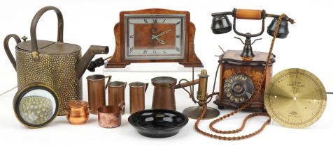 Sundry items including a Sorento ware inlaid telephone, Art Deco mantle clock, photographic lens and