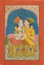 Two lovers, Indian Mughal school watercolour on paper, inscribed in ink verso, unframed, 24.5cm x