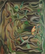 Surreal landscape, oil on canvas, Maples's Depositary label verso, unframed, 76cm x 63cm : For