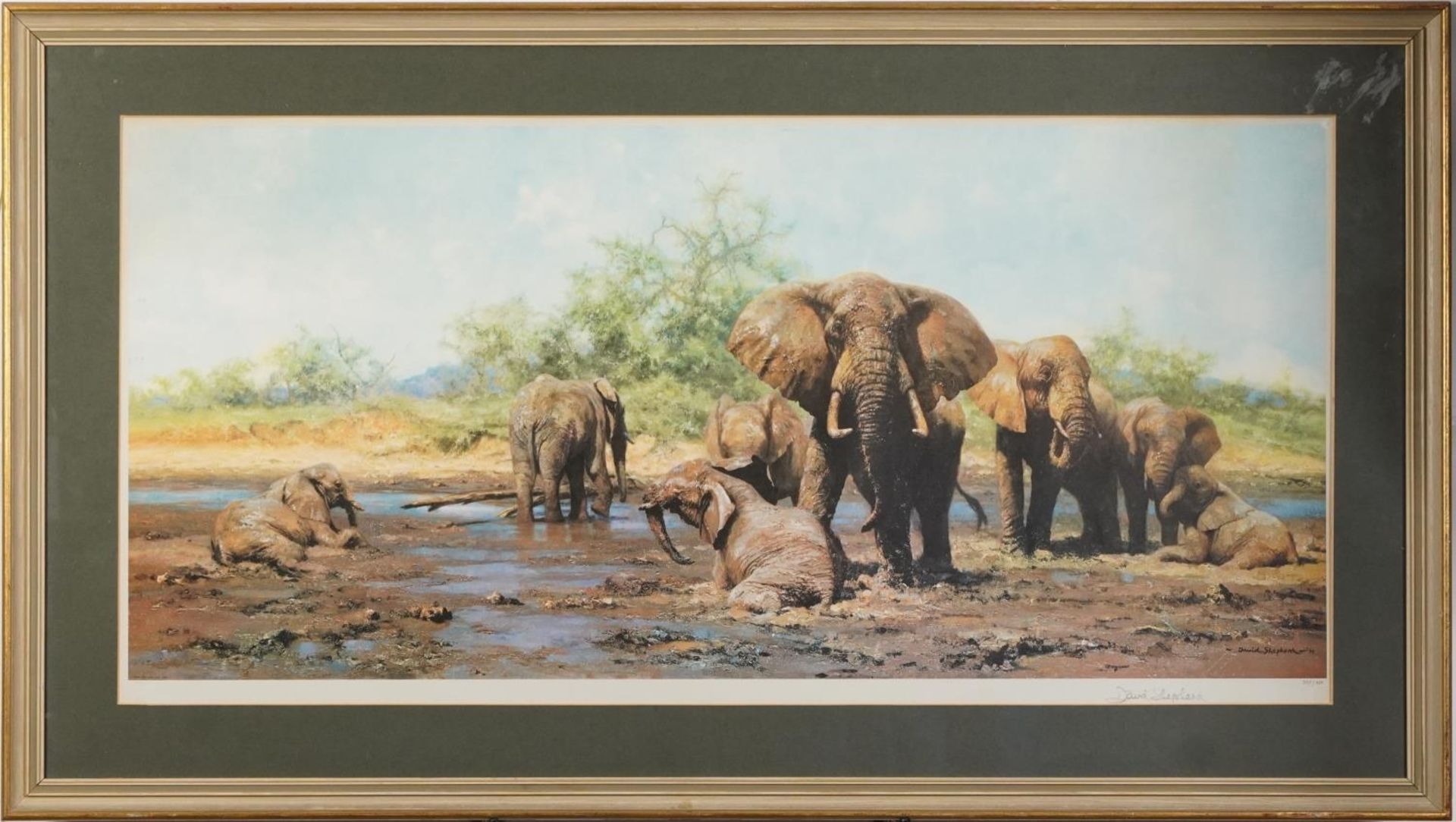 David Shepherd - Elephants, pencil signed print with embossed watermark, limited edition 357/850, - Image 2 of 5