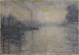 Industrial river scene with moored boats, Post Impressionist oil on canvas, bearing an indistinct