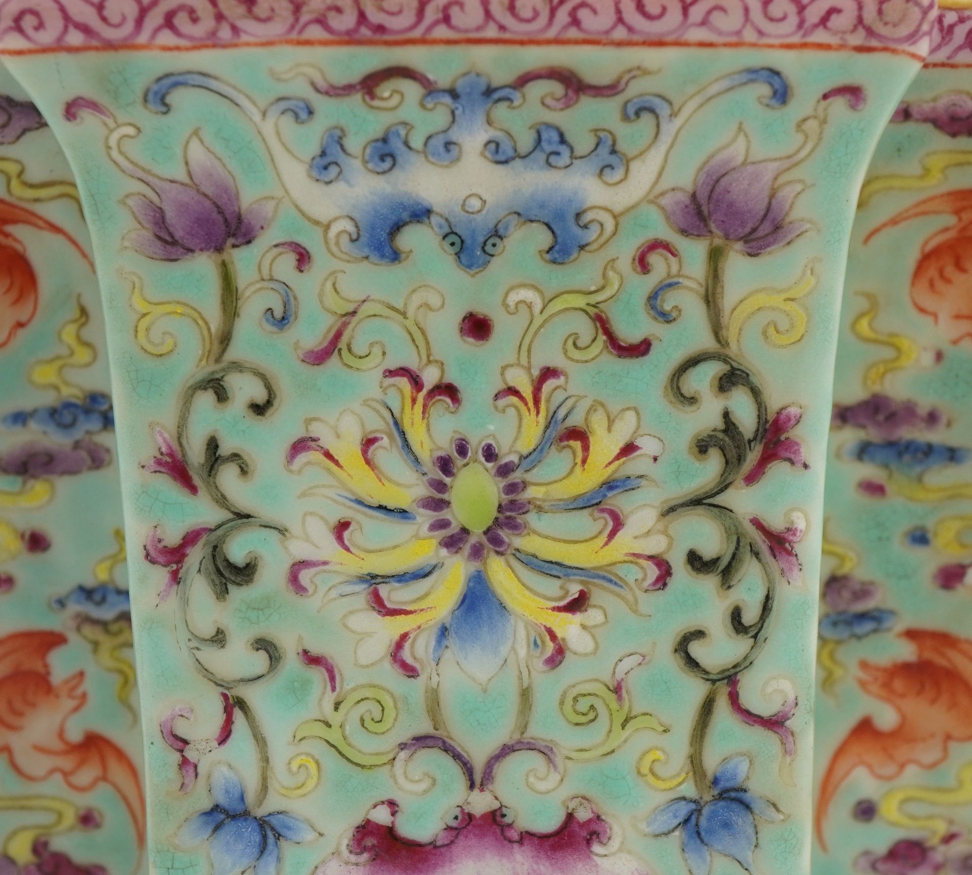 Chinese porcelain four footed planter having a turquoise glaze hand painted in the famille rose - Image 3 of 9
