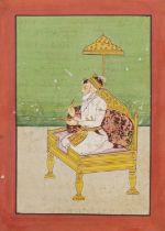 Kneeling figure in a palace setting, Indian Mughal school watercolour on paper, inscribed verso,