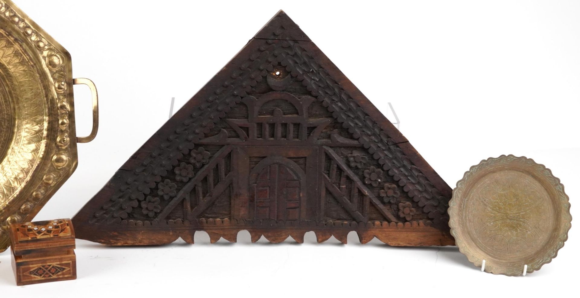 Islamic and Indian wooden and metalware including a triangular panel carved with a door and - Image 4 of 4