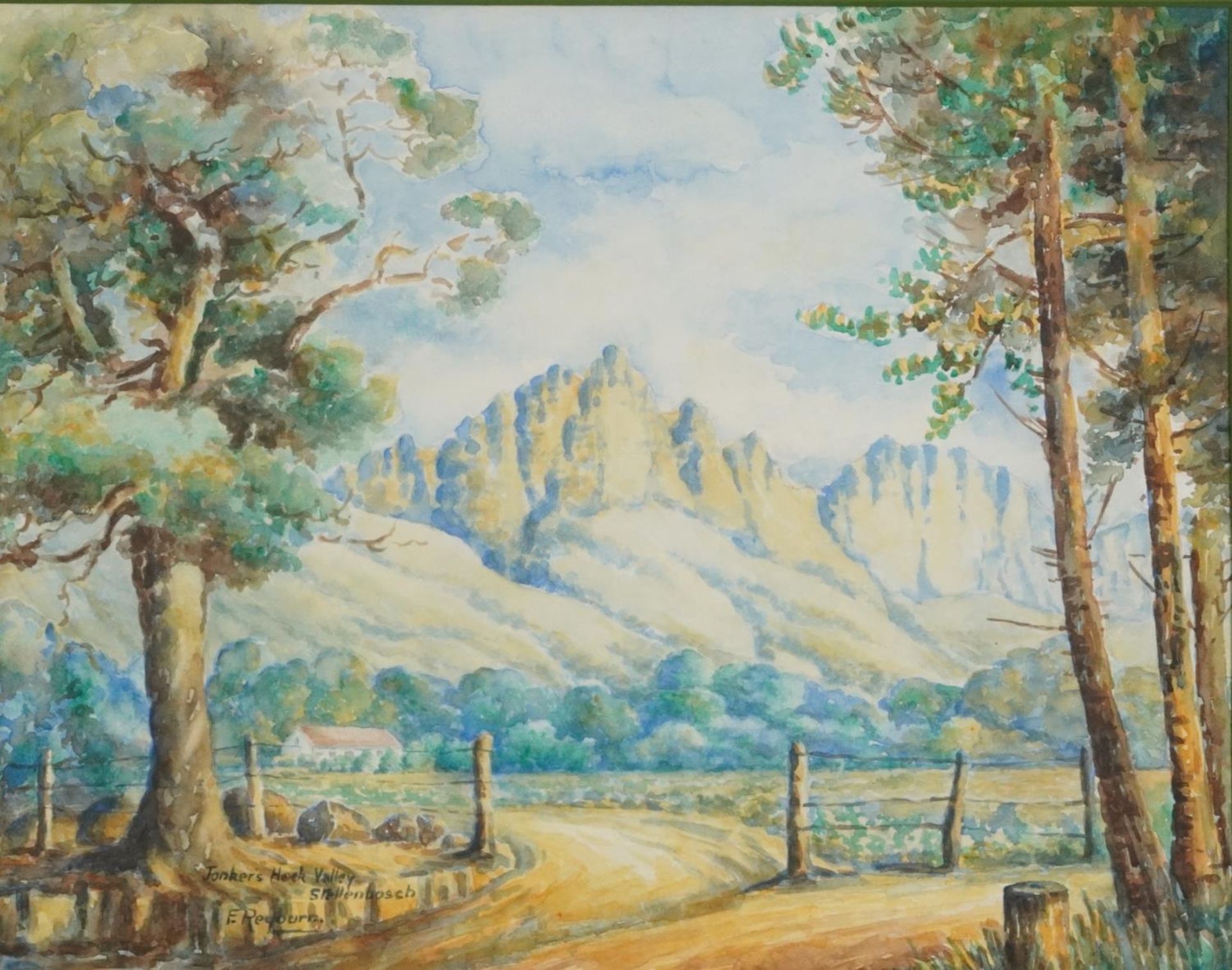 E Reyburn - Jonkers Hop Valley Stellenbosch, signed watercolour, Durban label verso, mounted, framed