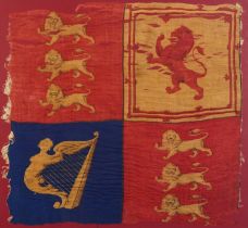 18th century naval interest Royal Standard silk flag, framed and glazed, 74cm x 69cm excluding the