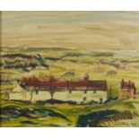 Molly 1962 - Landscape with cottages, Modern British oil on canvas board, mounted and framed, 40cm x