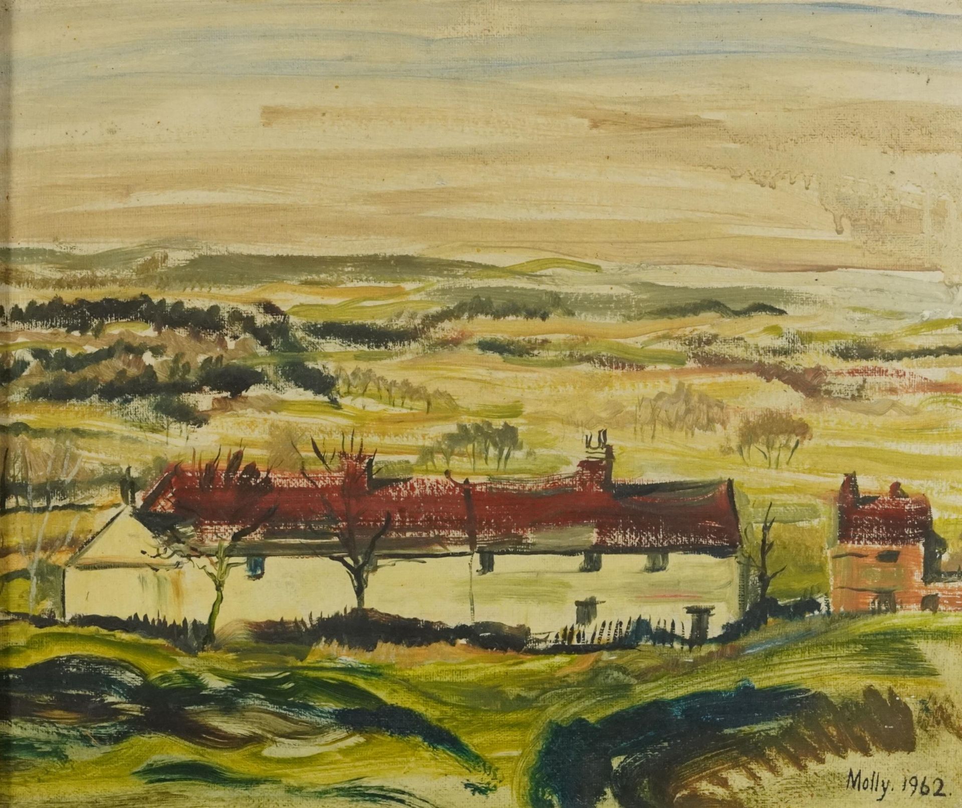 Molly 1962 - Landscape with cottages, Modern British oil on canvas board, mounted and framed, 40cm x