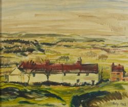 Molly 1962 - Landscape with cottages, Modern British oil on canvas board, mounted and framed, 40cm x