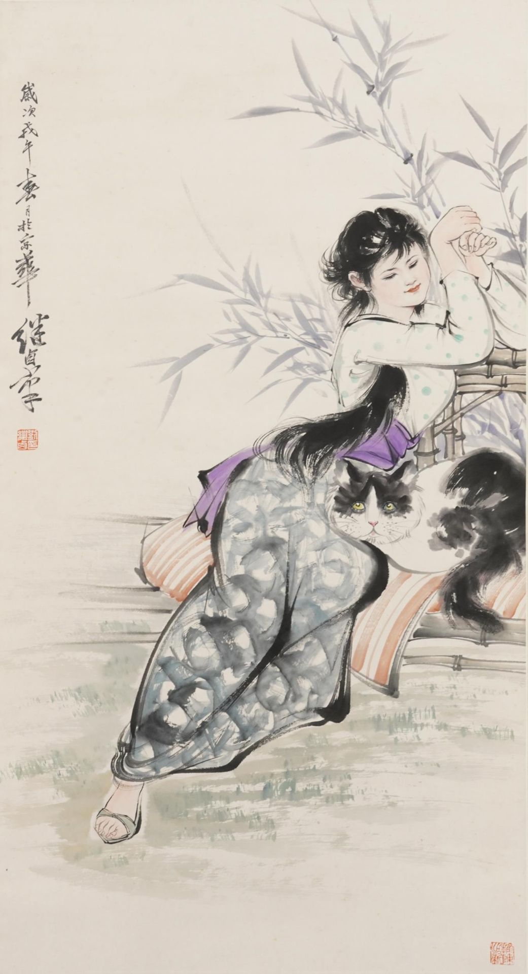 Young female with her cat, Chinese watercolour scroll signed with red seal marks and calligraphy,