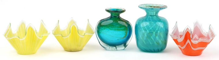 Art glassware comprising two Mdina vases and three handkerchief vases, the largest 16cm high : For