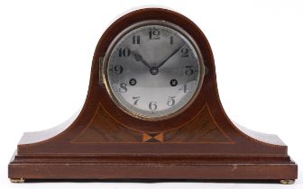 Inlaid mahogany Napoleon hat shaped striking mantle clock, the silvered dial with Arabic numerals,