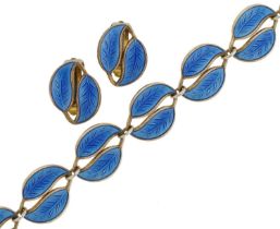 David Andersen, Norwegian 925S silver gilt and blue enamel leaf bracelet and matching earrings,