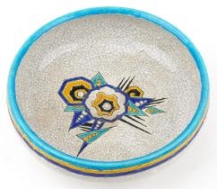 Boch Freres, French Art Deco crackle glazed footed centre bowl enamelled with stylised flowers, 29cm