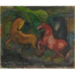 Surreal composition, horses, oil on canvas, unframed, 45.5cm x 38cm : For further information on