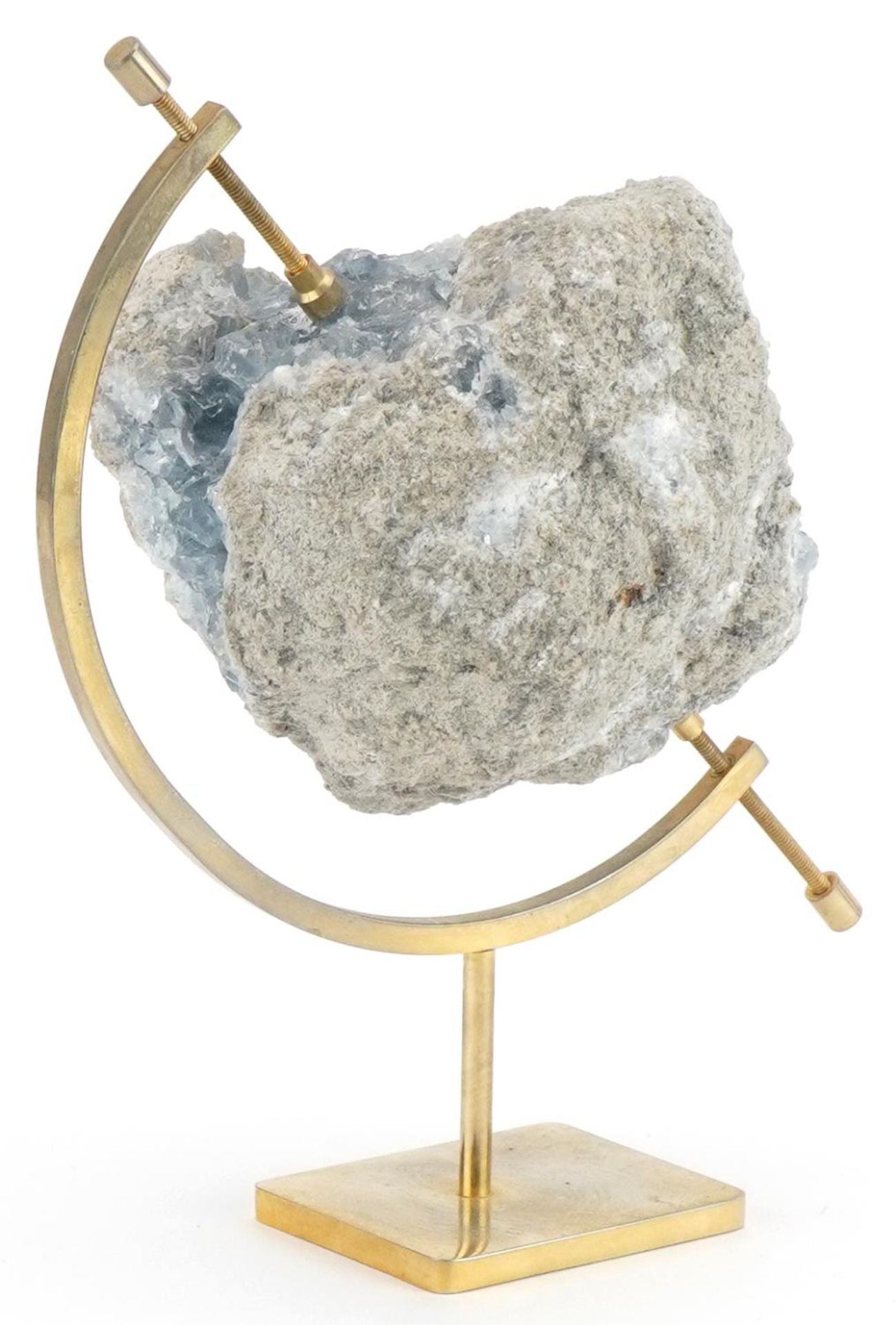Geology interest natural history celesit specimen mounted on brass globe type stand, 19cm high : For - Image 2 of 3