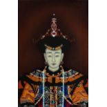 Ancestral portrait of an Empress, Chinese reverse glass painting with calligraphy housed in a