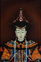 Ancestral portrait of an Empress, Chinese reverse glass painting with calligraphy housed in a