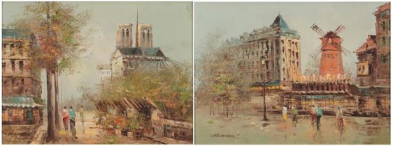 L Alesander - Parisian street scenes, pair of French Impressionist oil on boards, mounted and