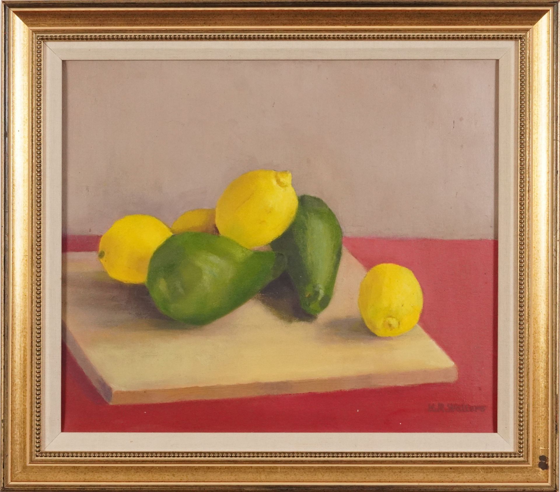 H R Walters - Still life lemons and pears, oil on canvas, mounted and framed, 40cm x 34.5cm - Bild 2 aus 4