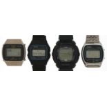 Four vintage gentlemen's electronic wristwatches including Casio F-91W, Casio alarm chronograph