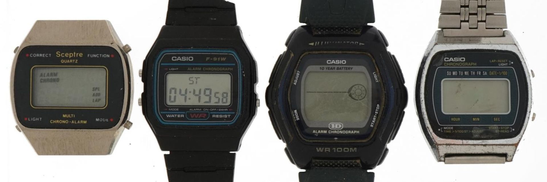 Four vintage gentlemen's electronic wristwatches including Casio F-91W, Casio alarm chronograph