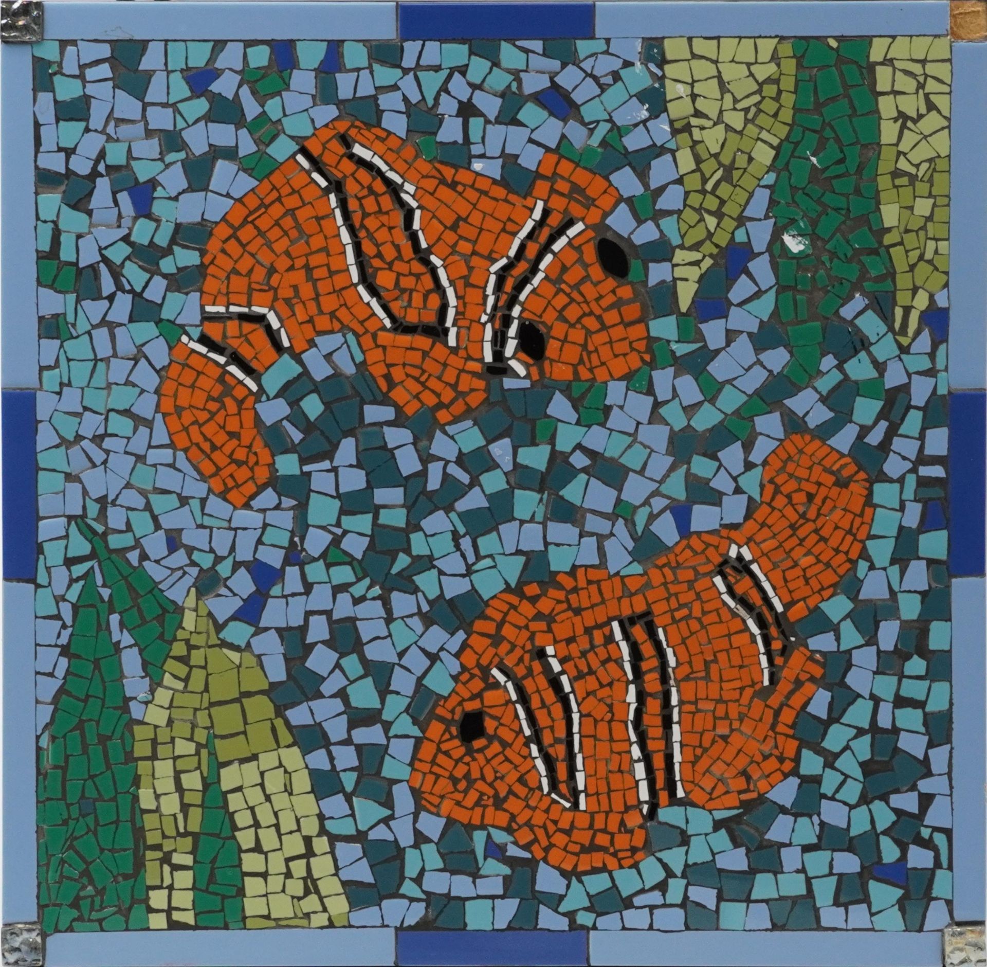 Three contemporary mosaic ceramic plaques of fish, one framed created by visually impaired ex- - Image 2 of 7