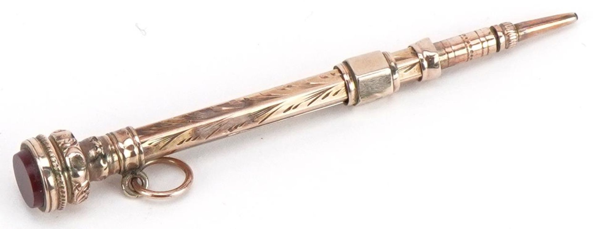 Victorian 9ct gold propelling pencil with carnelian seal end, 5.5cm in length when extended, 2. - Image 2 of 4