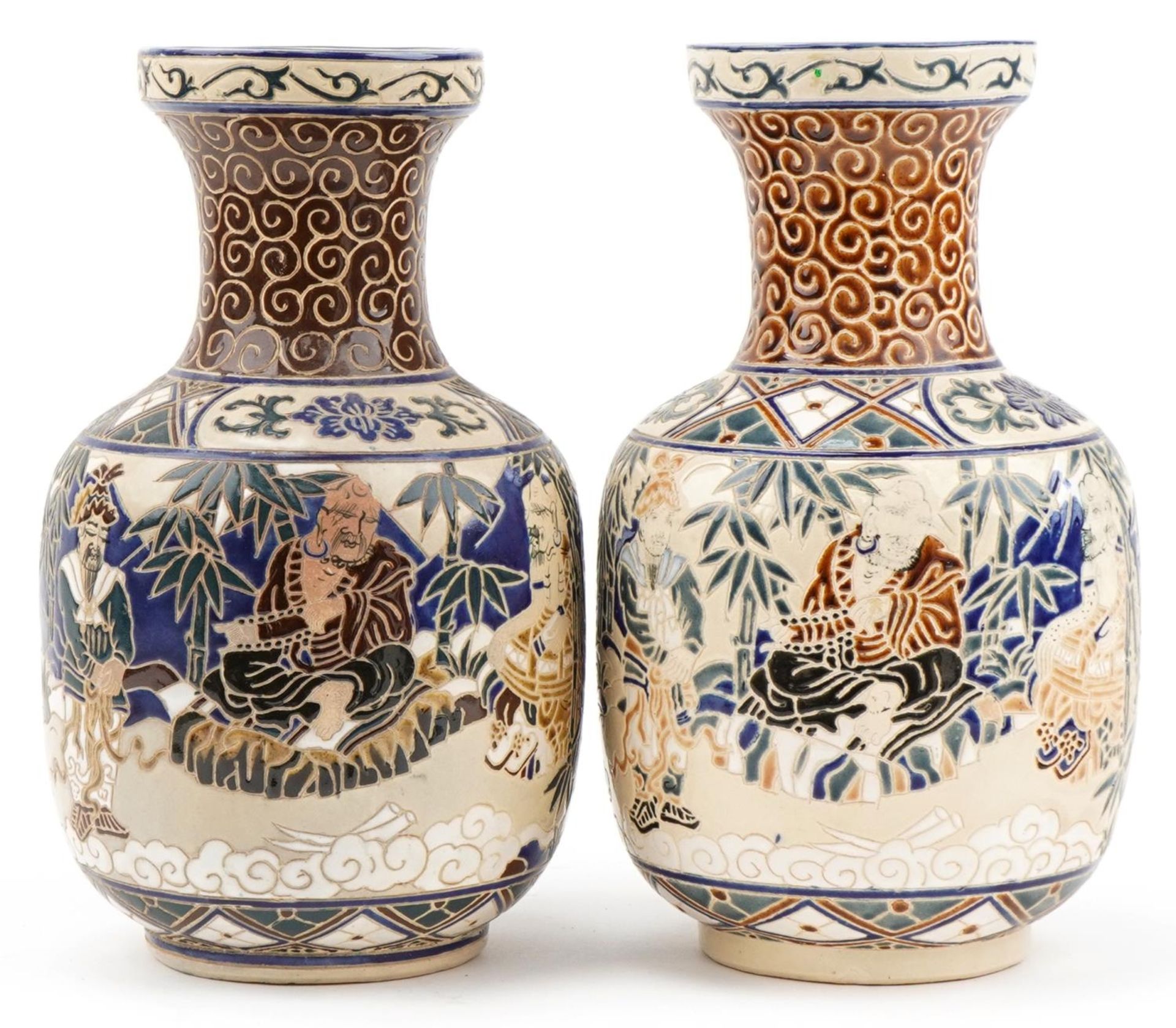 Pair of Chinese porcelain vases hand painted with scholars in landscapes, each 35cm high : For