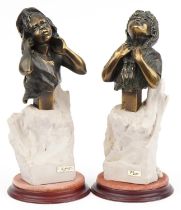After Andre Paor, pair of cold cast bronzed figures of young females with simulated naturalistic