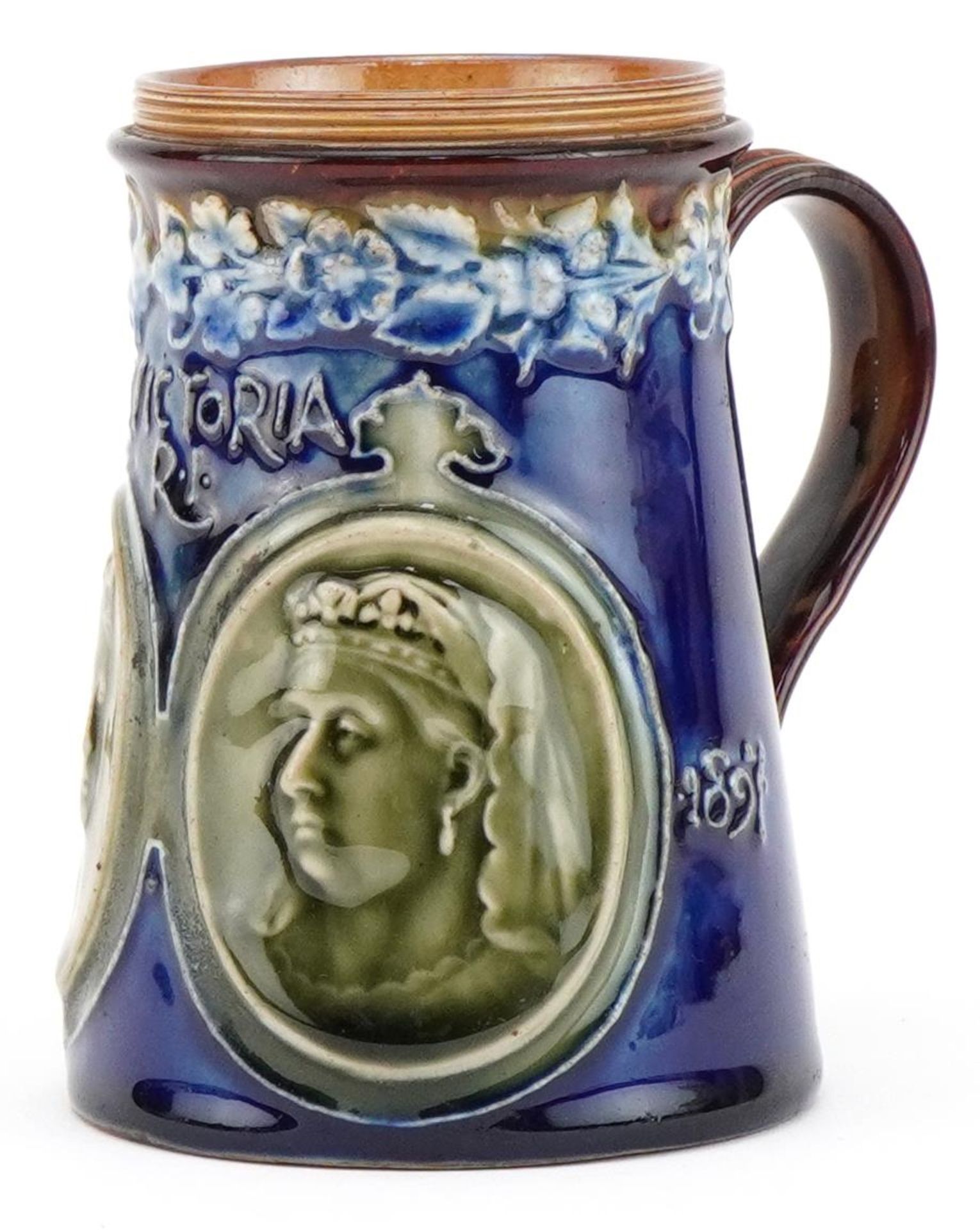 Doulton Lambeth, Victorian diamond jubilee mug commemorating Victoria RI 1837-1897, 11cm high :