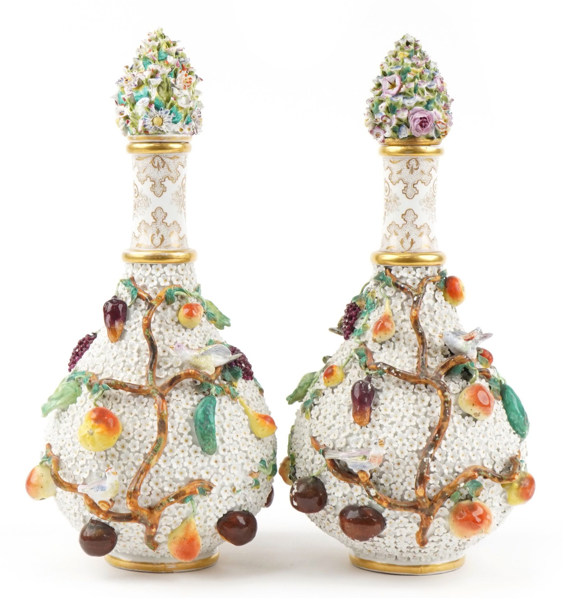 Meissen, large pair of 19th century German floral encrusted bottles with stoppers decorated in - Image 7 of 13
