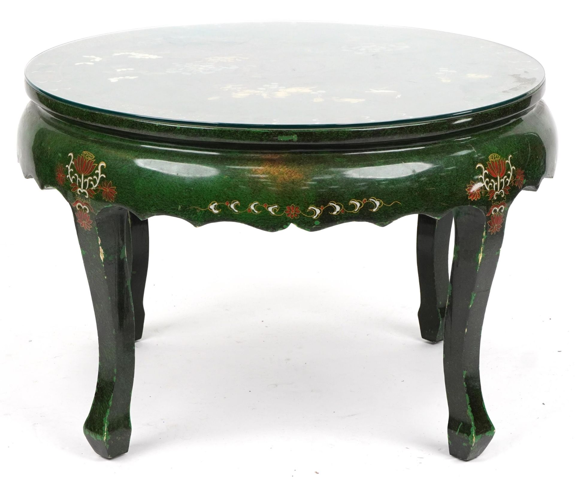 Nest of five Chinese green lacquered coffee and occasional tables hand painted with birds amongst - Image 3 of 5