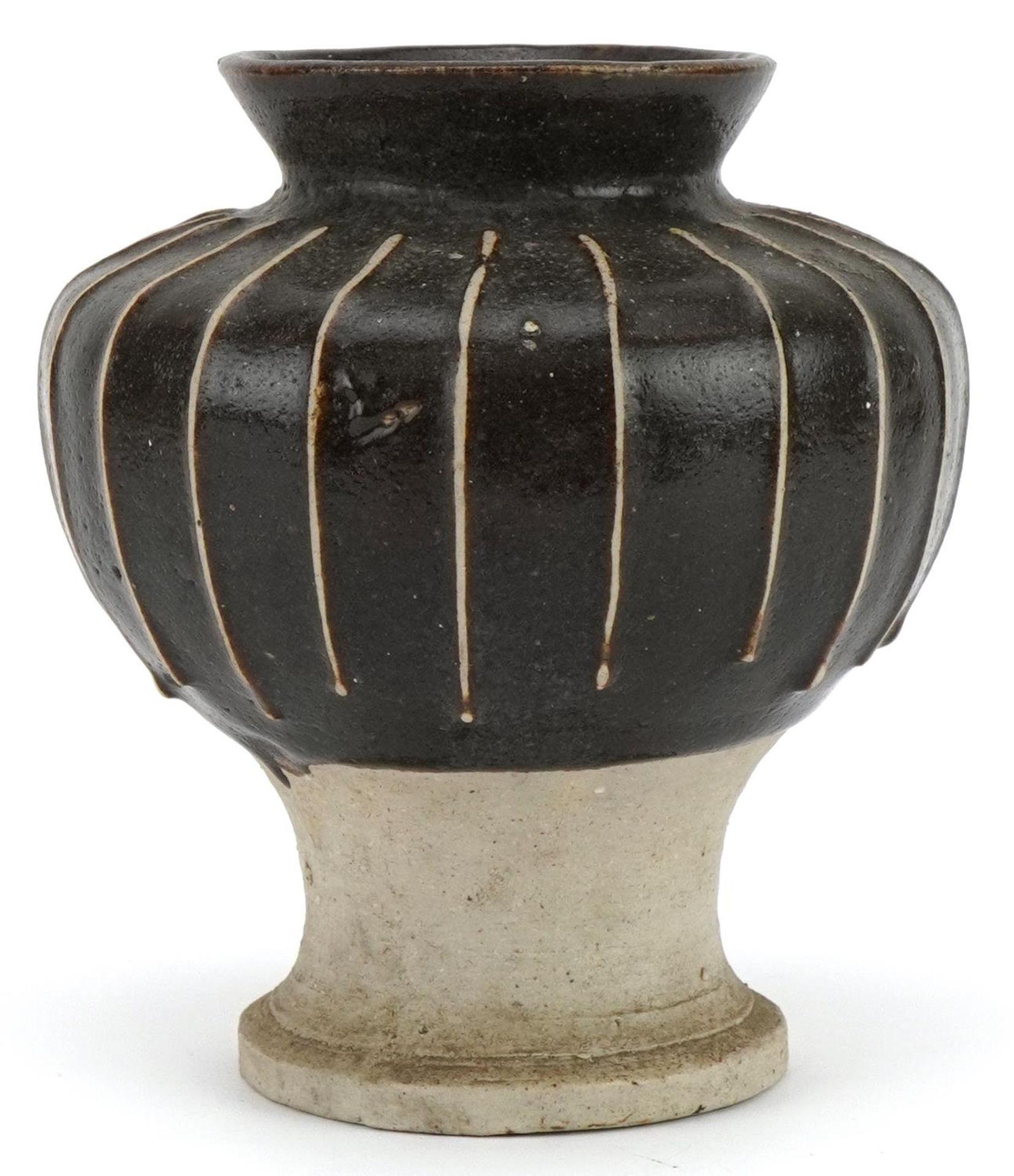 Chinese black glazed baluster Cizhou type vase, 18cm high : For further information on this lot
