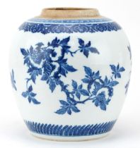 Chinese blue and white porcelain ginger jar hand painted with fruit and flowers, 19cm high : For