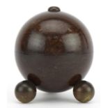 Victorian rosewood spherical string box on four brass ball feet, 9.5cm high : For further