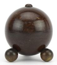 Victorian rosewood spherical string box on four brass ball feet, 9.5cm high : For further