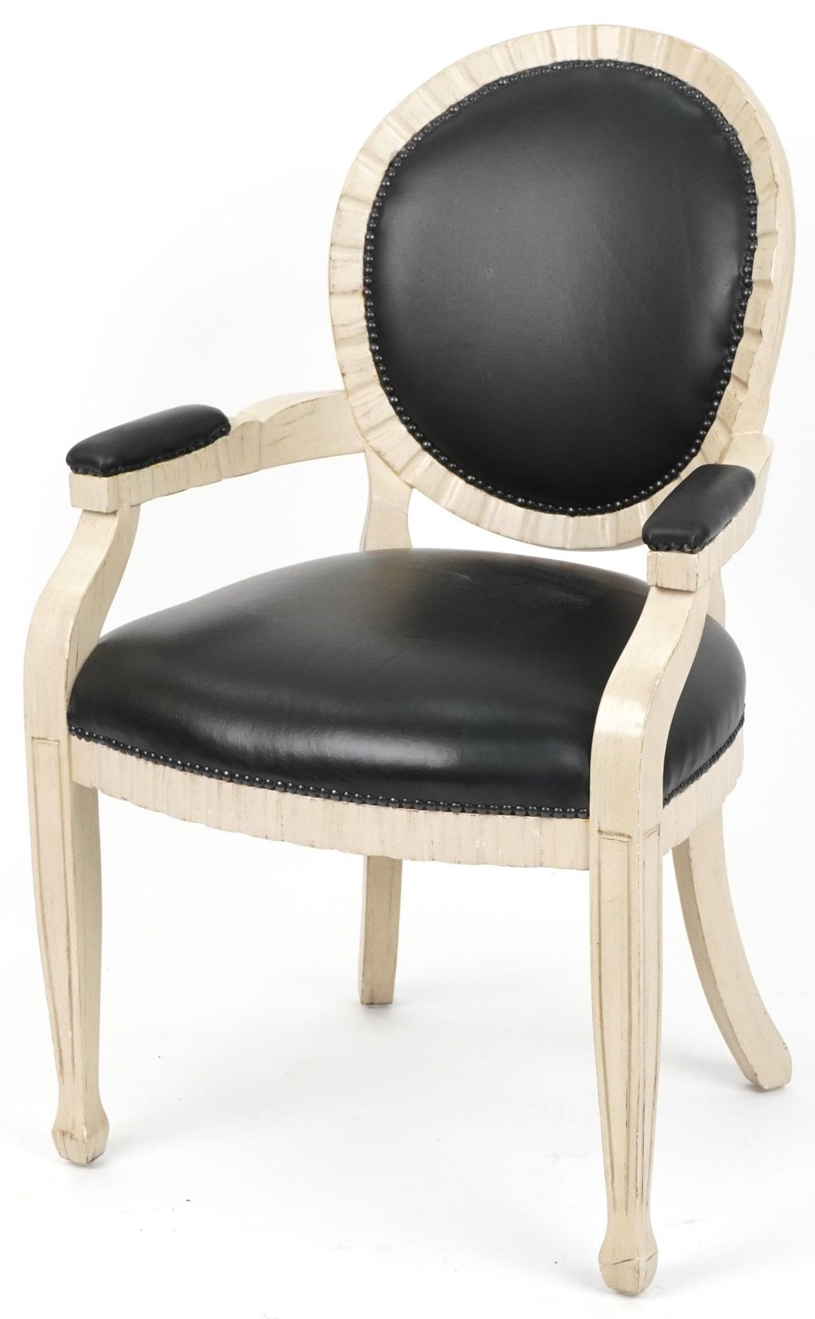 French Empire style cream bedroom chair with black vinyl upholstered back, seat and elbow pads, 98.