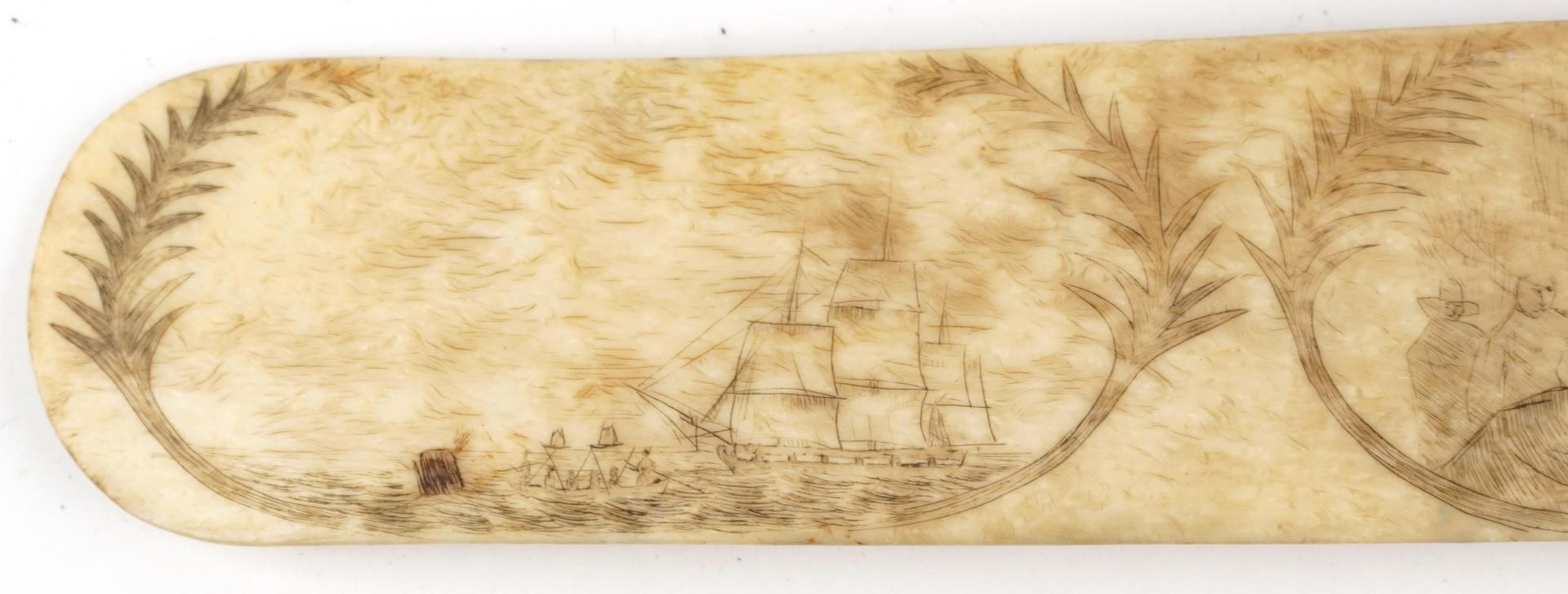 Antique sailor's scrimshaw whale bone page turner carved with figures and rigged ship, 36cm wide : - Image 2 of 5