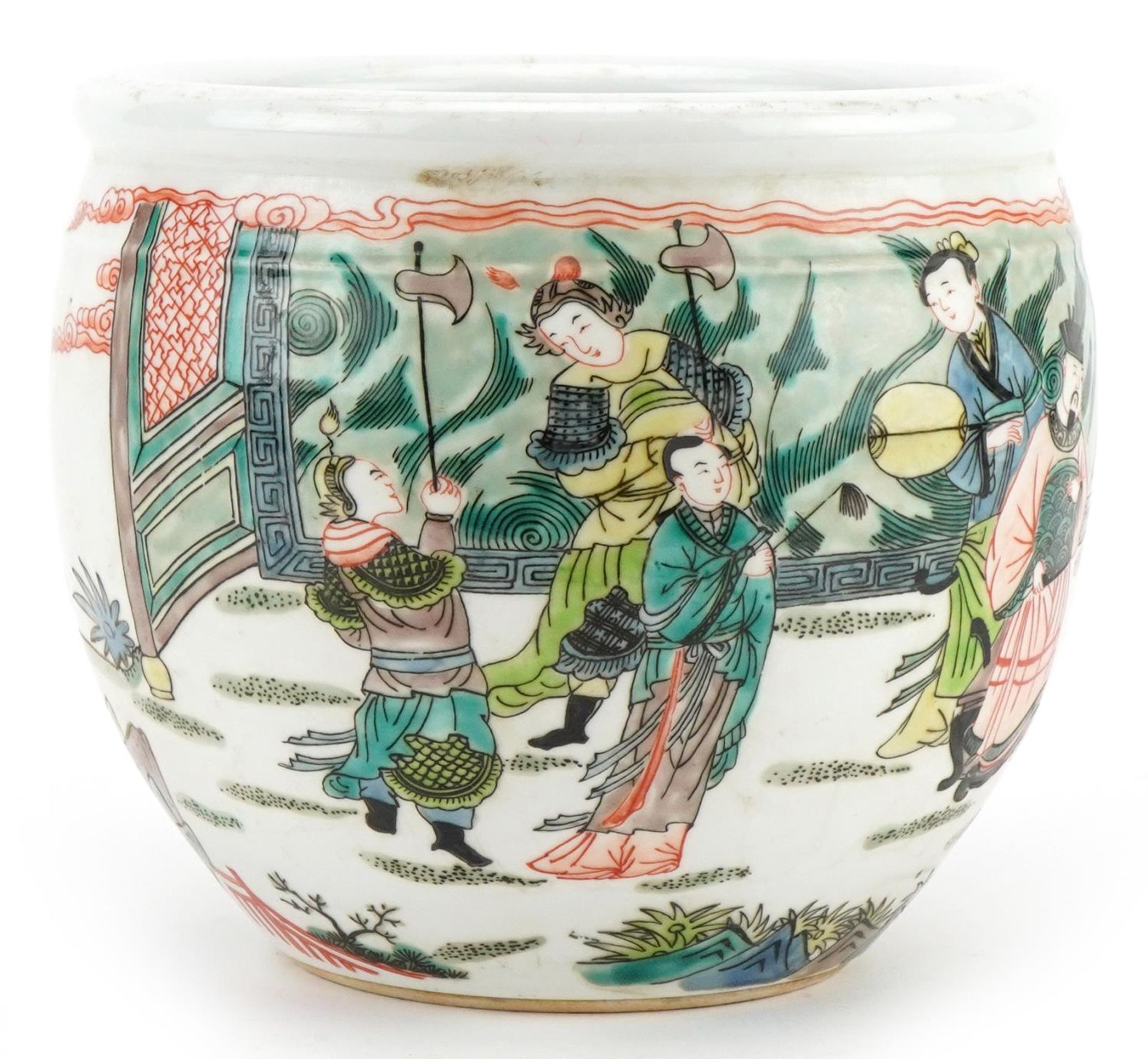 Chinese porcelain jardiniere hand painted in the famille verte palette with warriors and