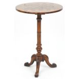 Victorian burr walnut inlaid tripod chess table, 73cm high x 50cm in diameter : For further