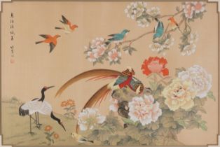 Birds of paradise amongst chrysanthemums in a landscape, Chinese watercolour onto silk with