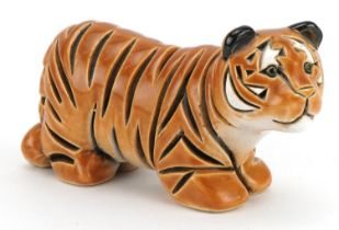 Mid century style stylised pottery tiger, incised marks to the base, 13.5cm in length : For