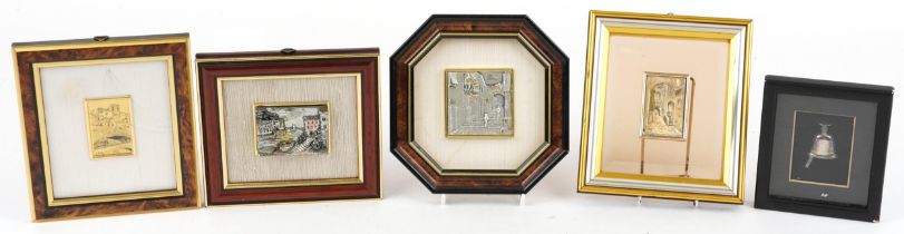 Four Italian silver plaques and a gold foil landscape view, each mounted and framed, the largest 7.